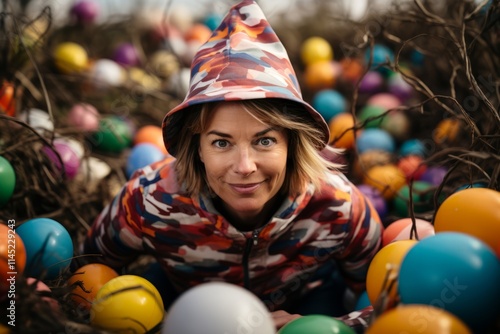 Easter egg hunt. Portrait of happy woman in hood and colorful eggs. photo