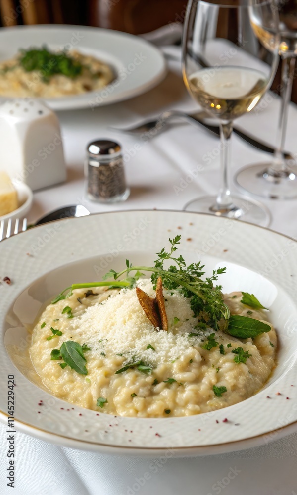 Delicious Italian Risotto Served With Fresh Herbs in a Cozy Restaurant Setting. Generative AI Delicious Italian Risotto Served With Fresh Herbs in a Cozy Restaurant Setting. Generative AI