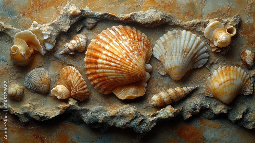 A collection of various seashells arranged on a textured surface. A collection of various seashells arranged on a textured surface.