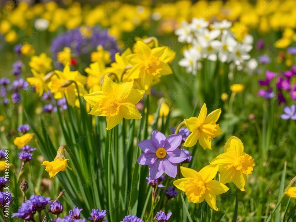 Obraz premium Vibrant yellow daffodil flowers blooming in a vast field under the sunlight, blooming, outdoors, flowers