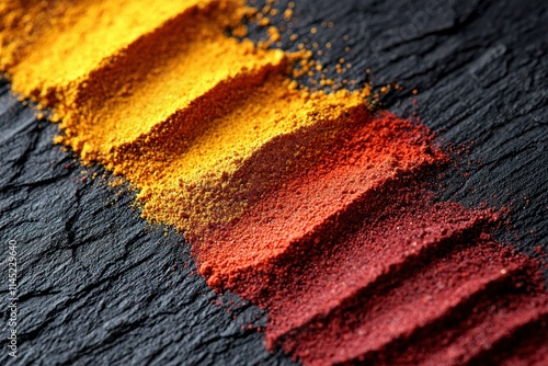 Vibrant organic colored spices in warm tones detailed close-up on dark textured slate surface ideal for culinary design natural seasoning concepts rich color palette gourmet cooking. photo