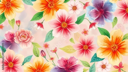 Watercolor illustration of vibrant flowers in bloom, delicate, bright, pattern