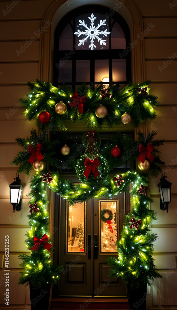 Fototapeta premium Building front decorated to Christmas with christmas trees fir branches, decorations and garland lights - festive and winter holidays concept, vibrant. isolated with white highlights