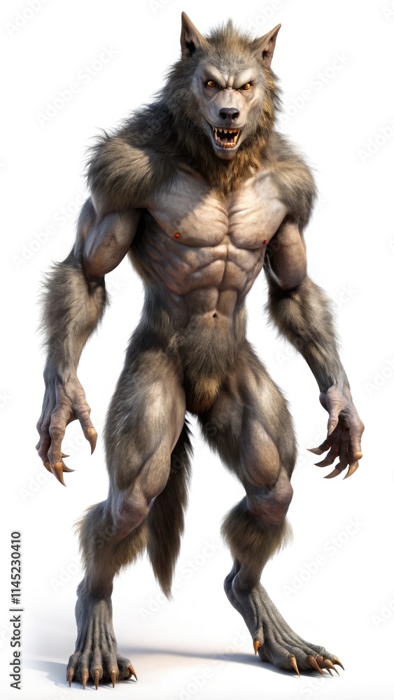 Realistic Werewolf With Matte Fur Standing in a Fierce Pose at Sunset. Generative AI Realistic Werewolf With Matte Fur Standing in a Fierce Pose at Sunset. Generative AI