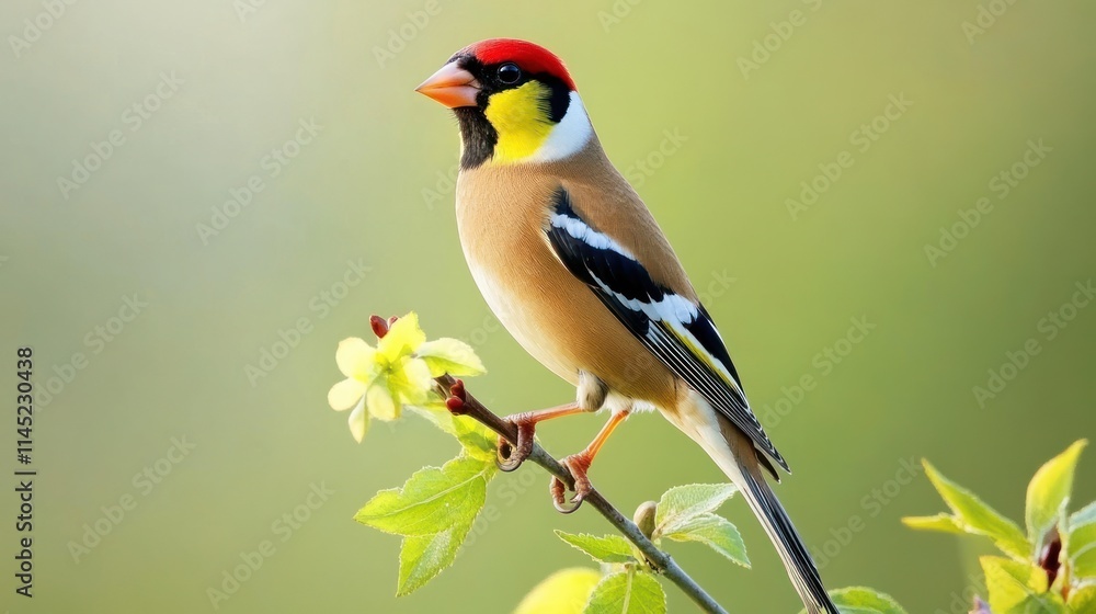 Obraz premium A colorful bird perched on a branch with flowers, showcasing nature's beauty.