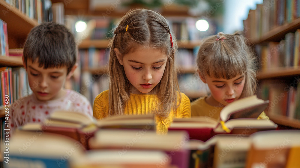 Children explore books in a cozy library setting while enjoying reading time during a sunny afternoon Children explore books in a cozy library setting while enjoying reading time during a sunny afternoon