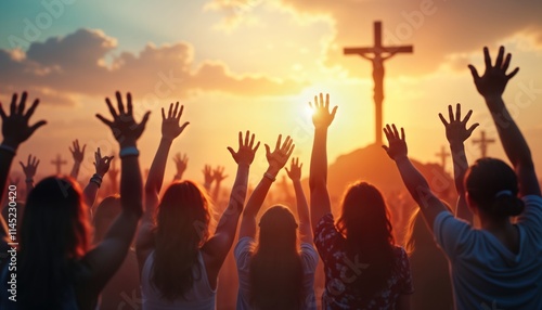 Christian worshipers raise hands in praise during sunset. Large cross stands in background. Scene evokes faith, devotion. People gathered in congregation. Setting religious site during spiritual