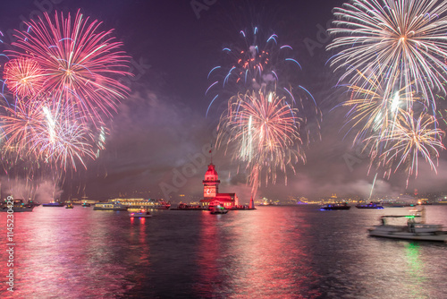 Istanbul Uskudar Fireworks, Maiden's Tower during Turkish Republic day celebrations (Turkish: 29 Ekim Cumhuriyet Bayrami) on October 29, in Istanbul, Turkey
 photo