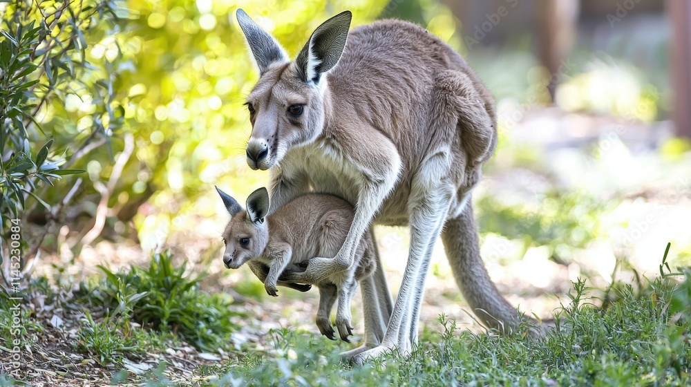 Kangaroo mother and joey in a warm pouch