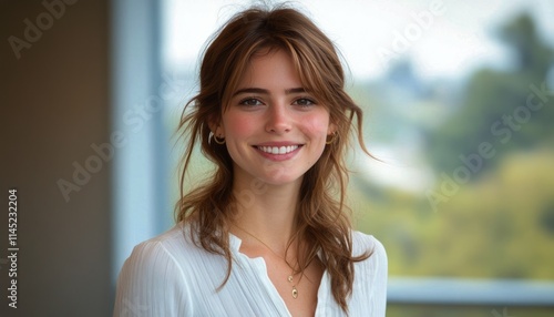 A smiling young woman stands in a bright, modern space with greenery outside Free Download A smiling young woman stands in a bright, modern space with greenery outside - GFXLoad
