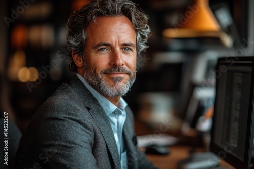 An elderly man in a sharp suit standing confidently near a modern office. A classic image of business professionalism and experience. Perfect for corporate and leadership themes.