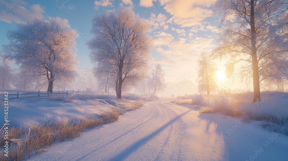Serene Winter Landscape with Frosty Trees and Soft Sunlight Serene Winter Landscape with Frosty Trees and Soft Sunlight