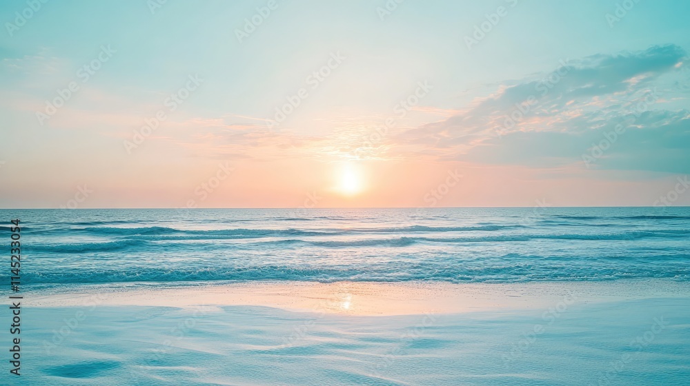 Serene Sunrise Over Calm Ocean Waves and Soft Sandy Beach Serene Sunrise Over Calm Ocean Waves and Soft Sandy Beach