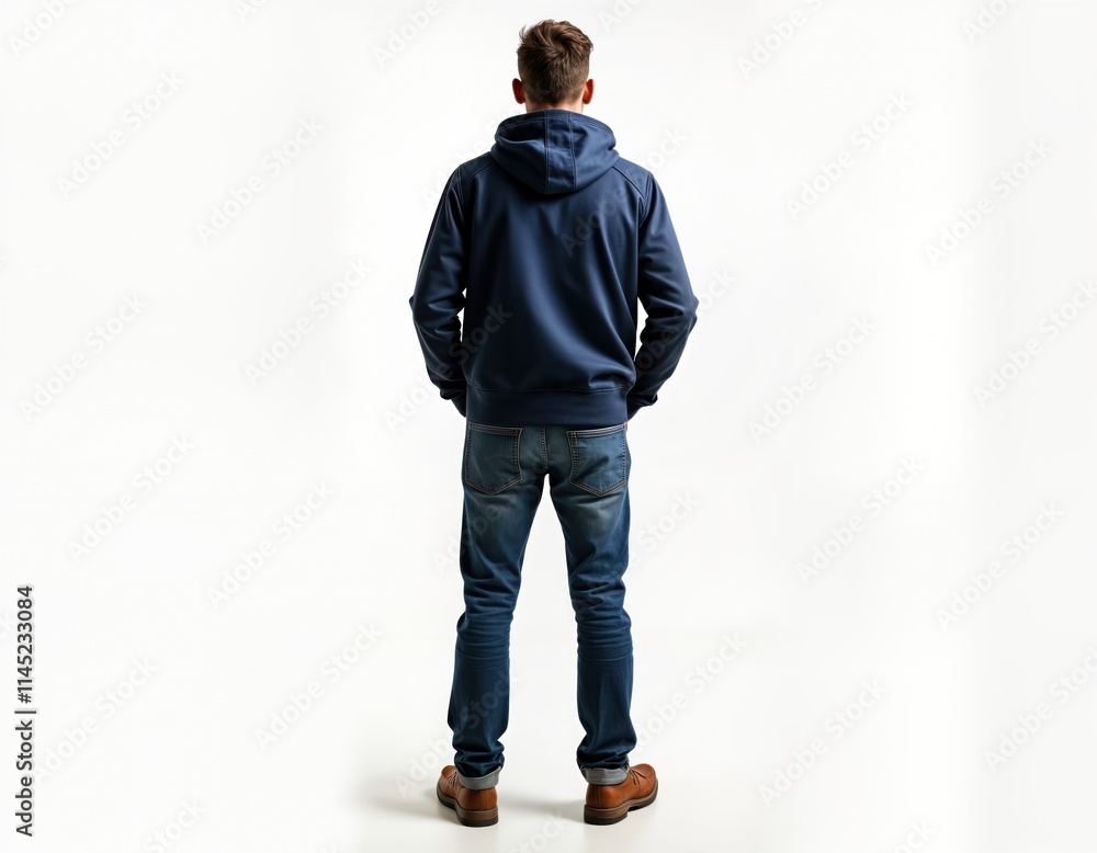 Fototapeta premium Casual man stands against white background. He wears a navy blue hoodie and blue jeans. His posture is confident. He is looking away from the camera. He seems relaxed and ready for action.