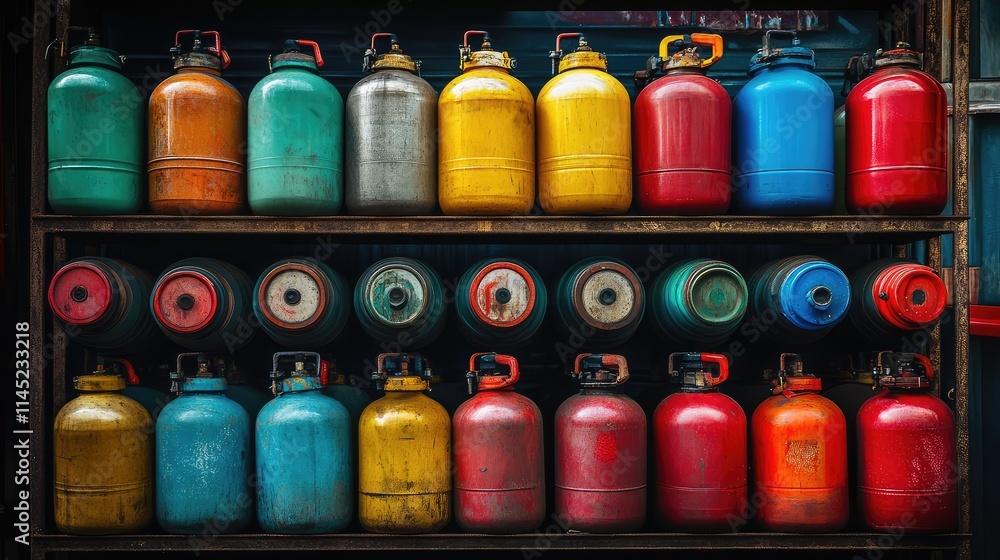 Colorful Metal Canisters on a Shelf in a Market Setting Colorful Metal Canisters on a Shelf in a Market Setting