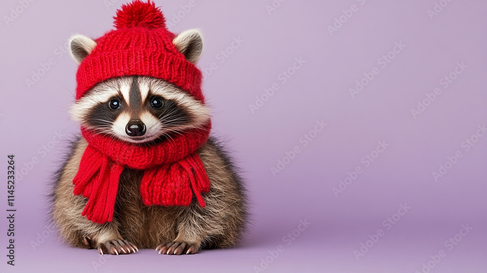 realistic photo 8k of a raccoon in winter clothes and hat on the plain purple background realistic photo 8k of a raccoon in winter clothes and hat on the plain purple background