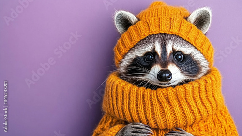 realistic photo 8k of a raccoon in winter clothes and hat on the plain purple background