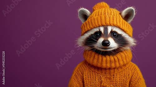 realistic photo 8k of a raccoon in winter clothes and hat on the plain purple background