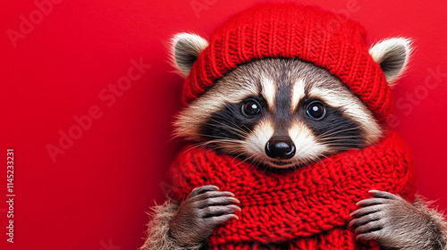 realistic photo 8k of a raccoon in winter clothes and hat on the plain purple background