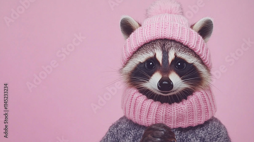 realistic photo 8k of a raccoon in winter clothes and hat on the plain purple background