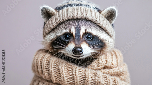 realistic photo 8k of a raccoon in winter clothes and hat on the plain purple background
