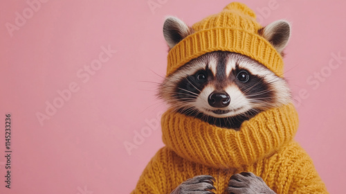 realistic photo 8k of a raccoon in winter clothes and hat on the plain purple background