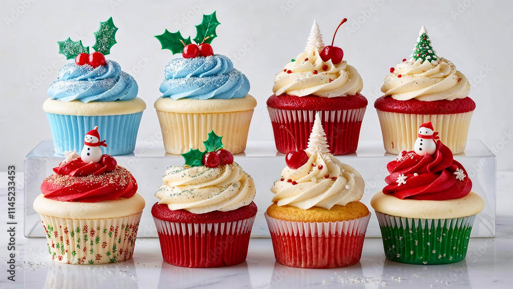 Christmas cupcakes decorated with sprinkles and sweets. bakery muffins for New Year. top view Christmas cupcakes decorated with sprinkles and sweets. bakery muffins for New Year. top view