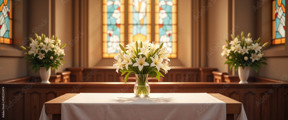Easter lilies on altar table with stained glass windows Easter lilies on altar table with stained glass windows