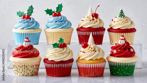 Wallpaper Mural Christmas cupcakes decorated with sprinkles and sweets. bakery muffins for New Year. top view Torontodigital.ca