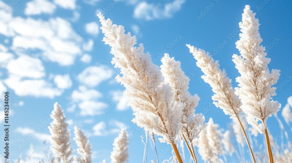 Naklejka premium Soft White Pampas Grass Against Bright Blue Sky and Clouds