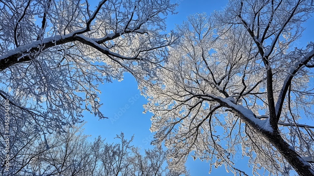 Snowy Branches Against Bright Blue Sky in Winter Wonderland Scene Snowy Branches Against Bright Blue Sky in Winter Wonderland Scene
