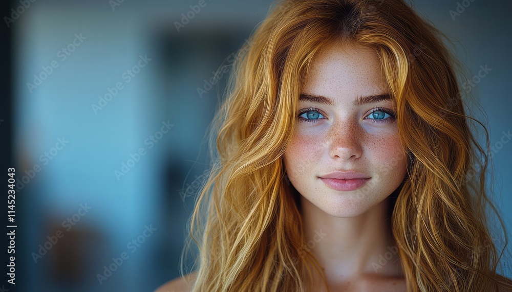 A young woman with beautiful red hair and bright blue eyes smiles warmly in a modern interior A young woman with beautiful red hair and bright blue eyes smiles warmly in a modern interior
