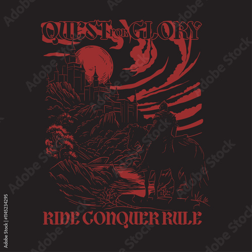 HAND DRAWN GOTHIC KNIGHT DARK FANTASY CASTLE SATANIC LANDSCAPE ARCHITECTURE JOURNEY QUEST VINTAGE TSHIRT TEE PRINT FOR APPAREL MERCHANDISE