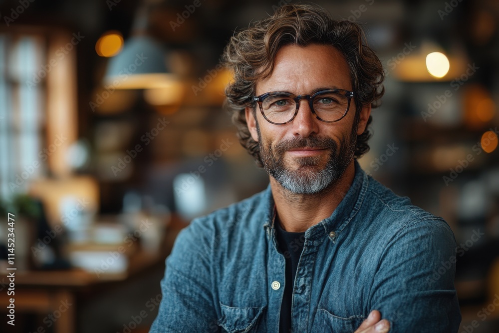 A professional man wearing glasses in a softly lit office. Warm lighting creating a welcoming and productive atmosphere. Ideal for business, freelancing, or creative workspace concepts A professional man wearing glasses in a softly lit office. Warm lighting creating a welcoming and productive atmosphere. Ideal for business, freelancing, or creative workspace concepts