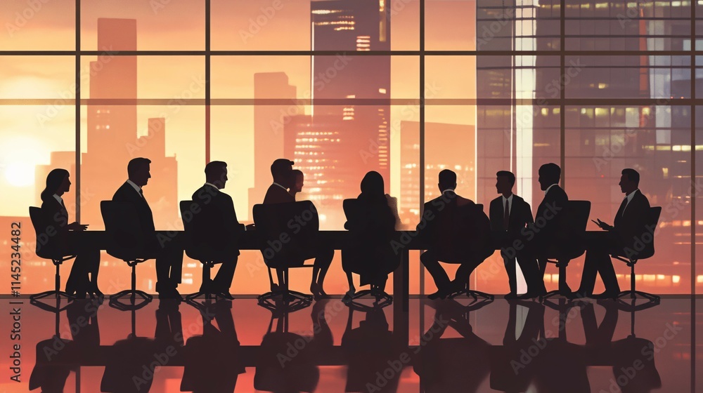 Businesspeople Silhouetted Against City Sunset During Meeting Businesspeople Silhouetted Against City Sunset During Meeting