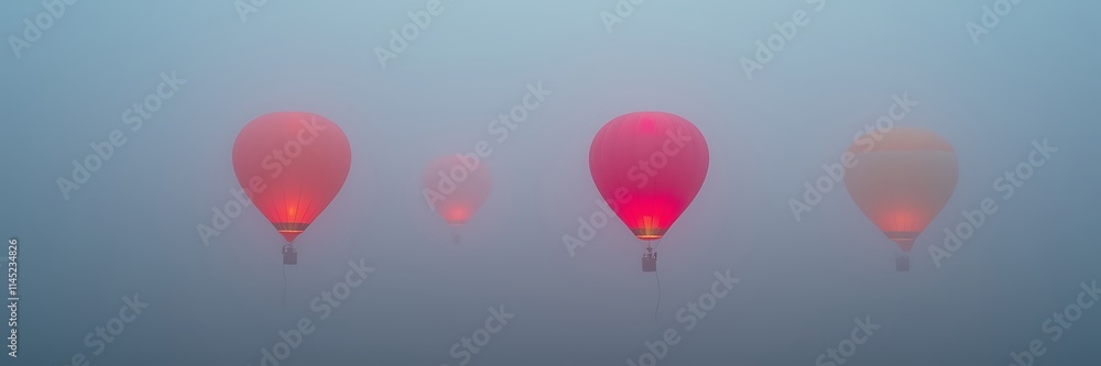 Obraz premium Balloons in vivid colors emerge from dense fog, creating a dreamlike atmosphere