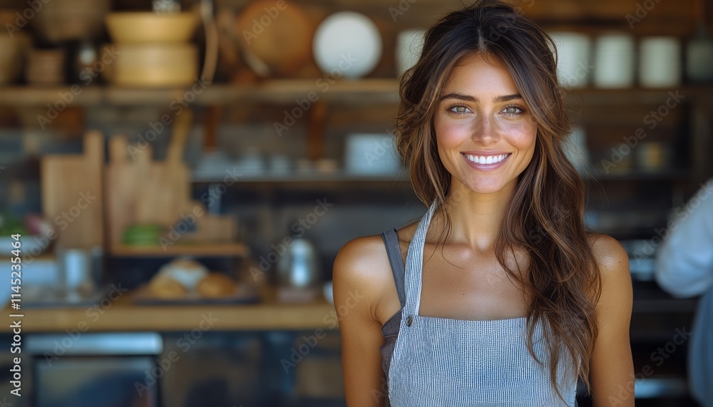 Young woman wearing an apron smiles warmly while working in a cafe during daytime Young woman wearing an apron smiles warmly while working in a cafe during daytime
