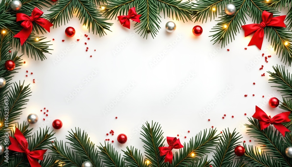 Festive Christmas decoration on white background. Fir branches create frame around empty space. Red bows, shiny balls placed on branches. Warm light from strings of lights illuminates decorations. Festive Christmas decoration on white background. Fir branches create frame around empty space. Red bows, shiny balls placed on branches. Warm light from strings of lights illuminates decorations.