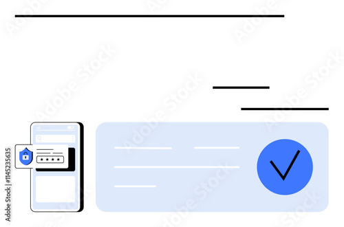 Mobile phone with secure password login, large check-marked document. Ideal for security, authentication, mobile apps, digital approval, data protection, login screens. Line metaphor