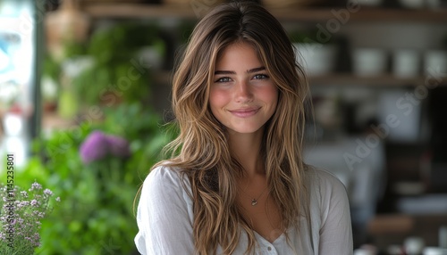 A young woman stands in a lush indoor garden, smiling cheerfully at the viewer