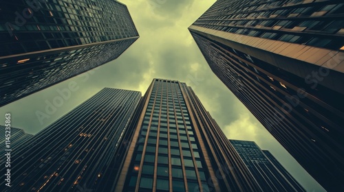 Wallpaper Mural Dramatic View of Skyscrapers Against a Cloudy Sky from Below Torontodigital.ca
