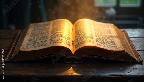 Ancient leather-bound bible dramatically spotlit. Pages open to Genesis. Golden text gleams under ethereal light illuminating weathered parchment. Mystical aura surrounds. Holy scripture. Divine