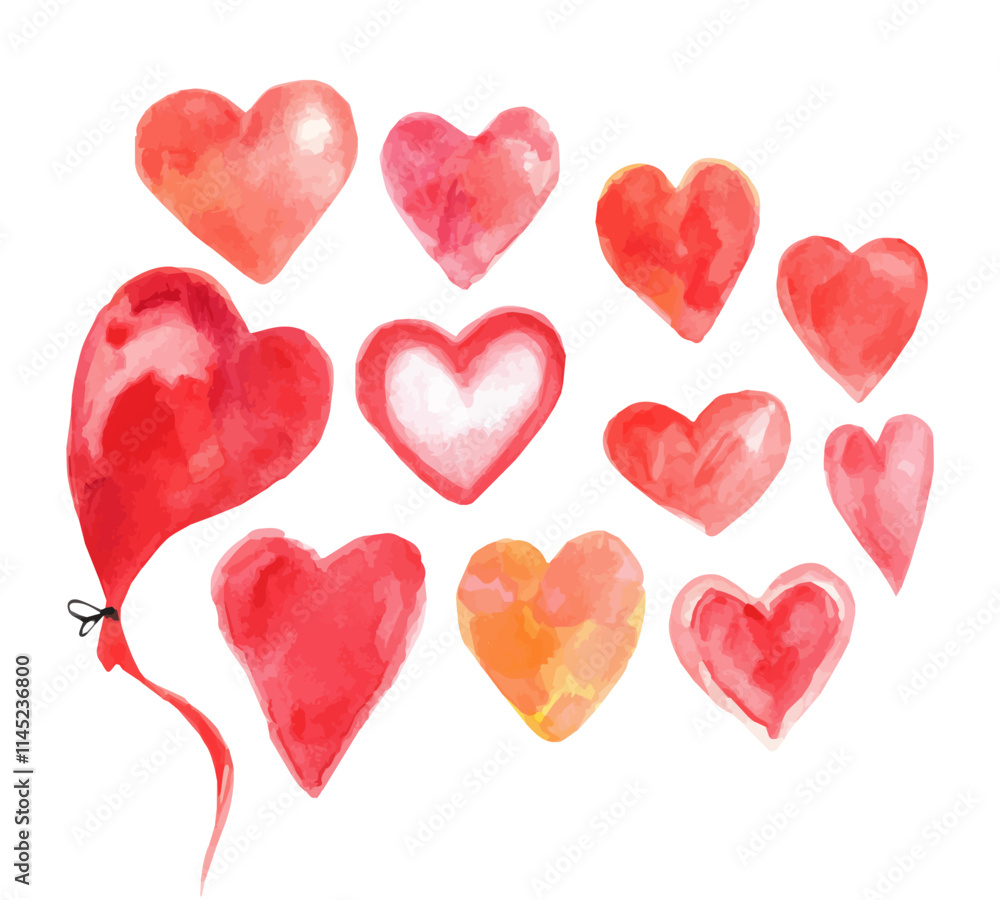 Set of watercolor hearts painted with brushes. Hearts are painted with watercolor brushes. Hand drawn illustration. Set of watercolor hearts painted with brushes. Hearts are painted with watercolor brushes. Hand drawn illustration.
