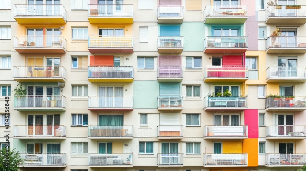 Vibrant Apartment Building Facade with Colorful Balconies and Windows Vibrant Apartment Building Facade with Colorful Balconies and Windows