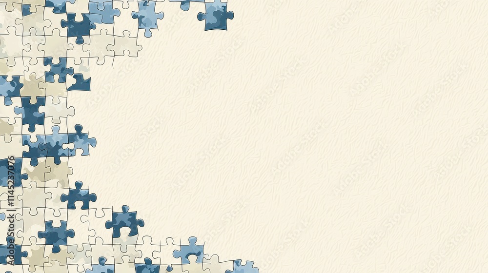 Blue and beige puzzle pieces around the edges of a blank beige space Blue and beige puzzle pieces around the edges of a blank beige space