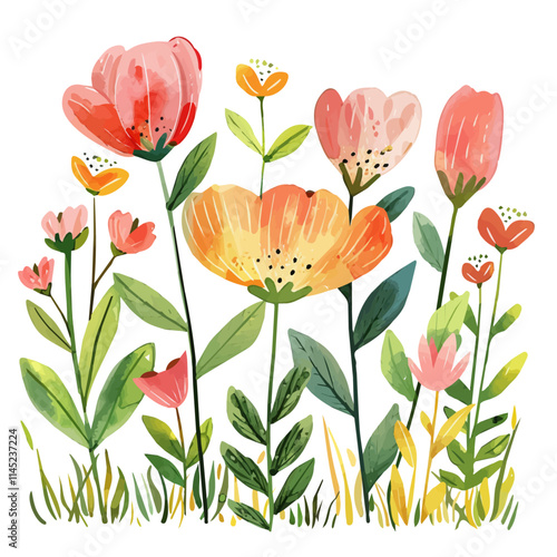 A watercolor of dewy spring flowers in bloom, isolated on a white background. Flowers vector.

