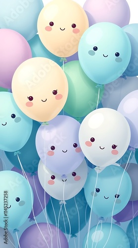 Charming illustration of cute balloons in cool tones featuring expressive details