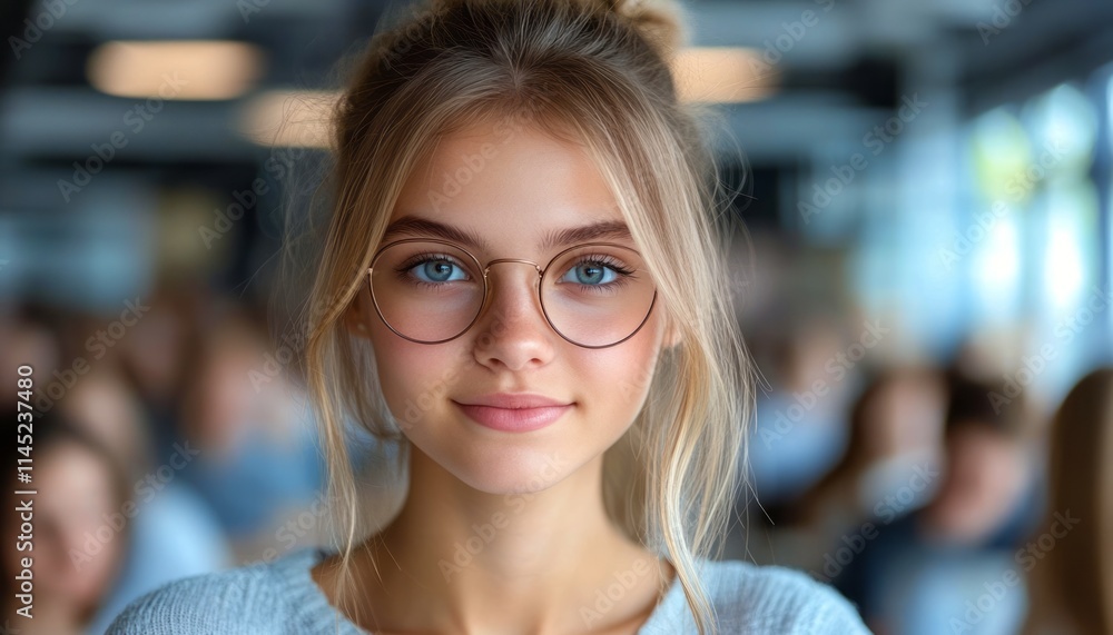 Young woman with blue eyes and glasses smiles in a busy indoor space filled with people Young woman with blue eyes and glasses smiles in a busy indoor space filled with people