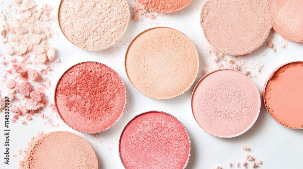 Various shades of blush powders arranged artistically on a white surface showcasing soft hues and textures Various shades of blush powders arranged artistically on a white surface showcasing soft hues and textures