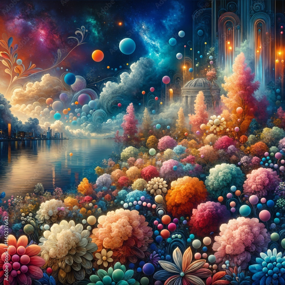 Fototapeta premium A fantastical landscape with vibrant, multicolored foliage stretches alongside a serene body of water, beneath a captivatingly cosmic sky. Spheres and glowing lights add a sense of magic, (Gen, A.I.)